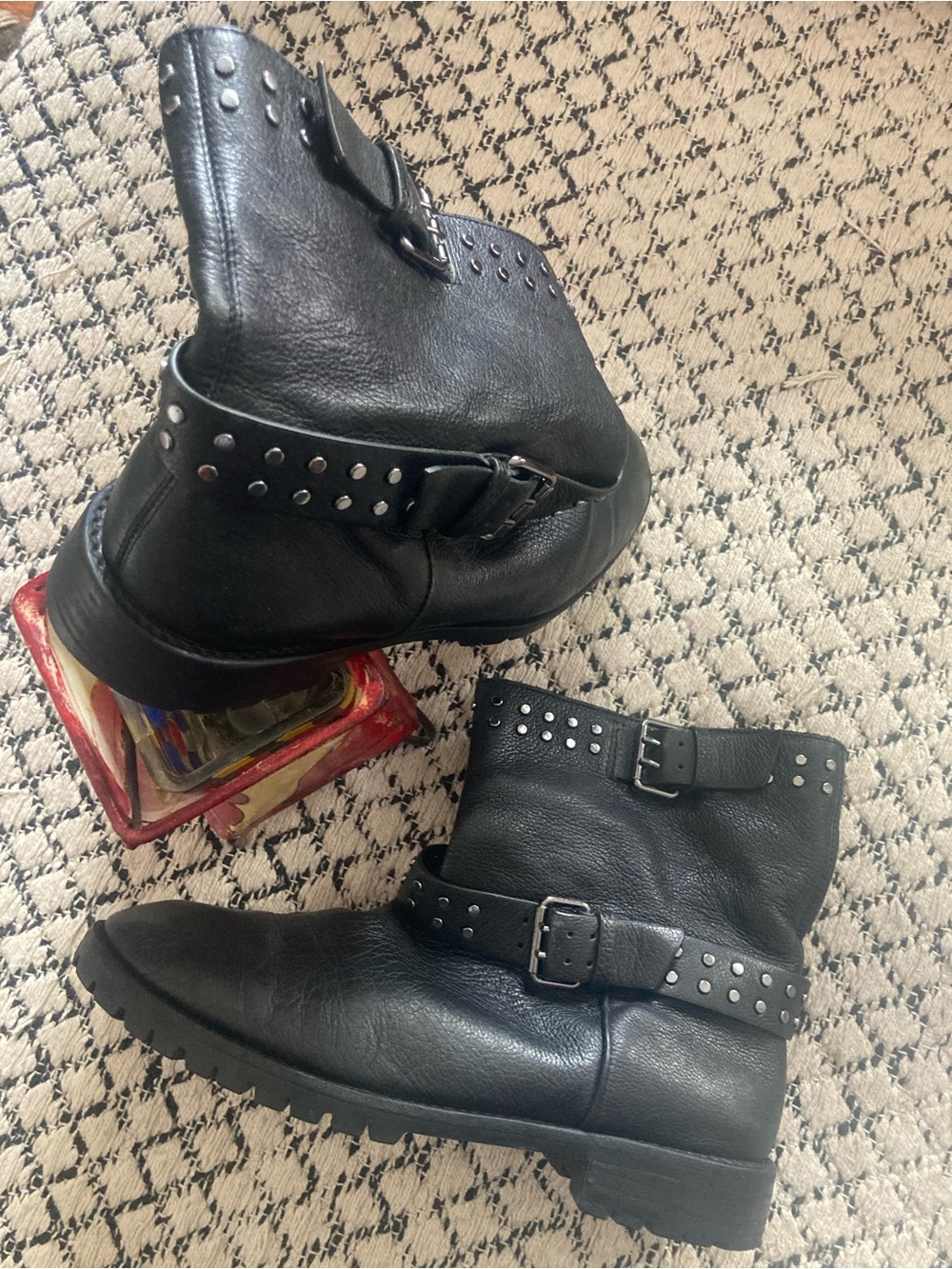 Black Studded Leather Ankle Boots with Buckle Straps